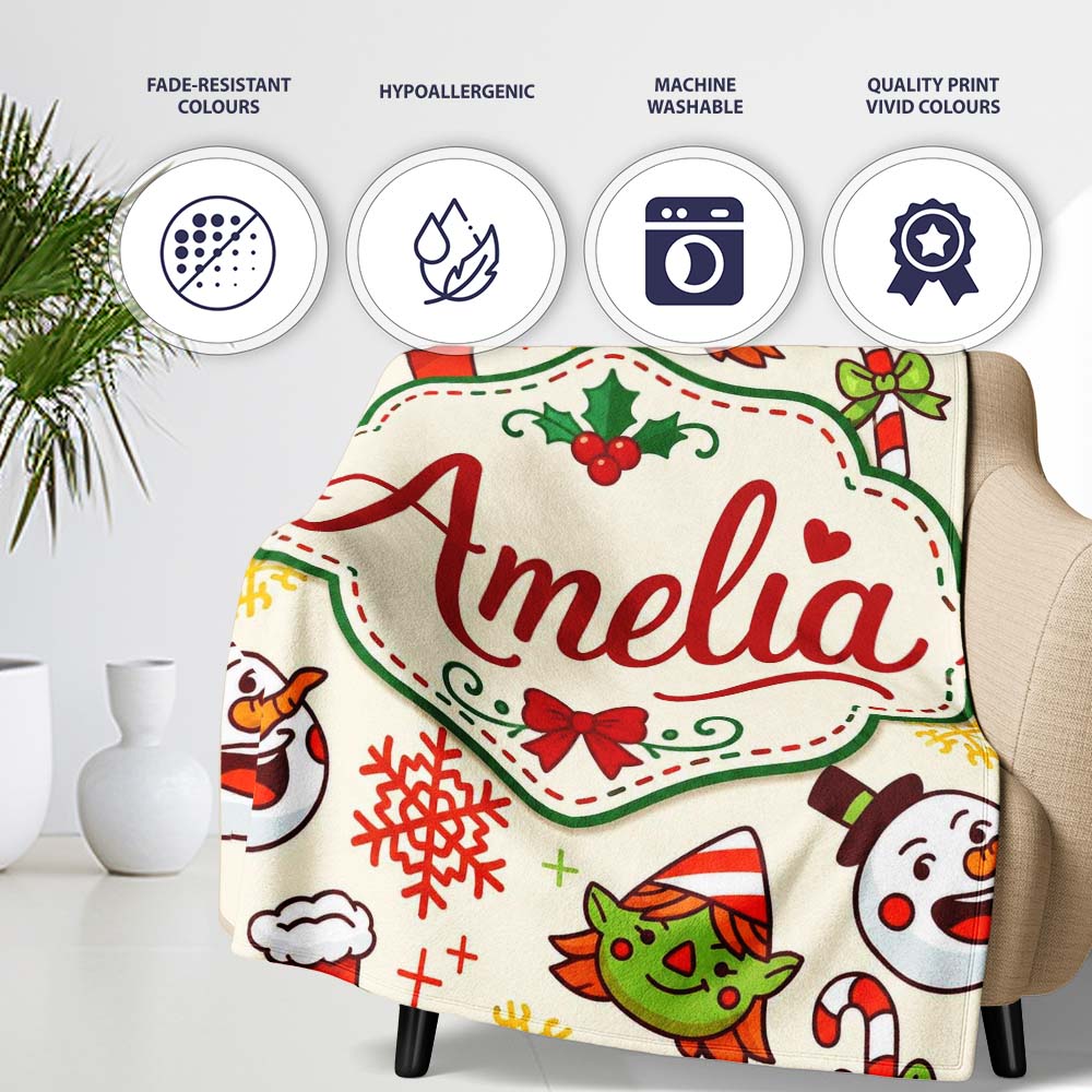 Cute Snowman Elf Candy Cane Christmas Stocking Festive Seamless Personalised Custom Name Super Soft Fleece Blanket Bed Sofa Throw