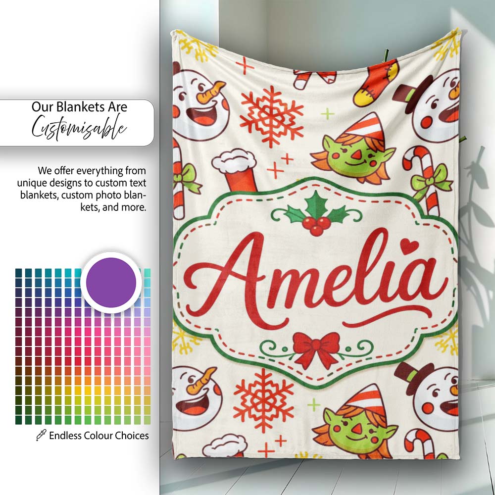 Cute Snowman Elf Candy Cane Christmas Stocking Festive Seamless Personalised Custom Name Super Soft Fleece Blanket Bed Sofa Throw