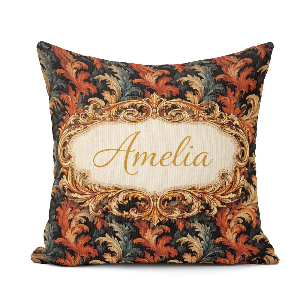 Custom Name Orange Gold Floral Dark Background Luxury Ornamental Square Filled Cushion Throw Pillow Sofa Bed Home Decor Zip Washable UK Made