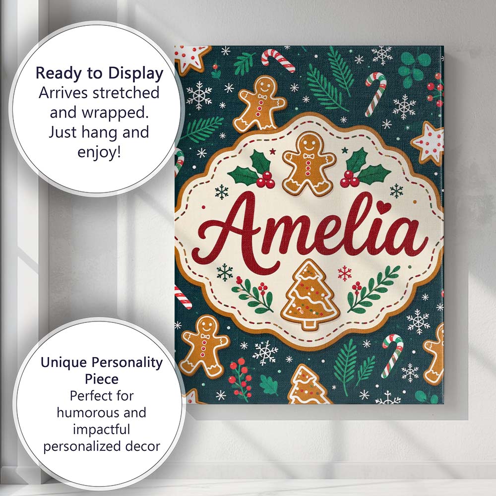 Personalised Name Cute Gingerbread Cookies Custom Unique Gift Idea Elegant Feature Canvas Wall Art Print Decor Picture Ready to Hang