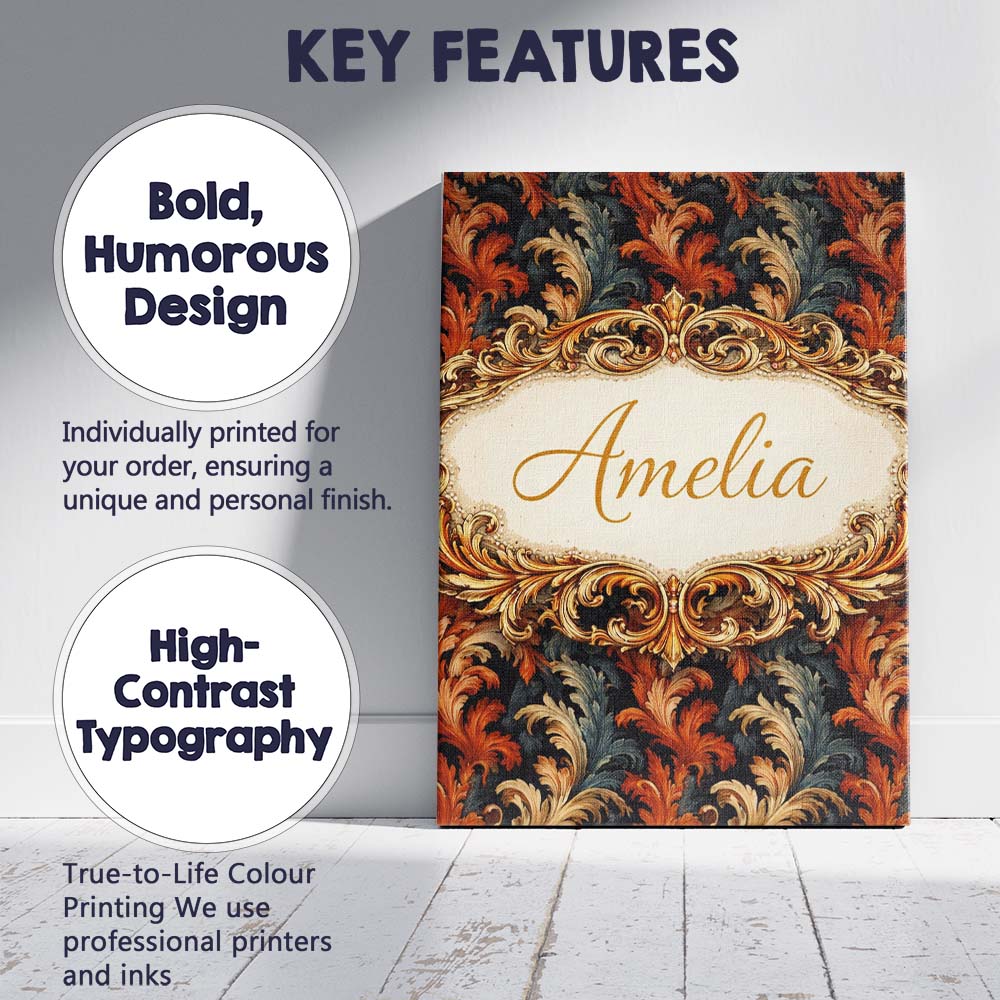 Personalised Name Orange Gold Baroque Floral Dark Background Luxury Custom Canvas Wall Art Print Decor Picture Ready to Hang