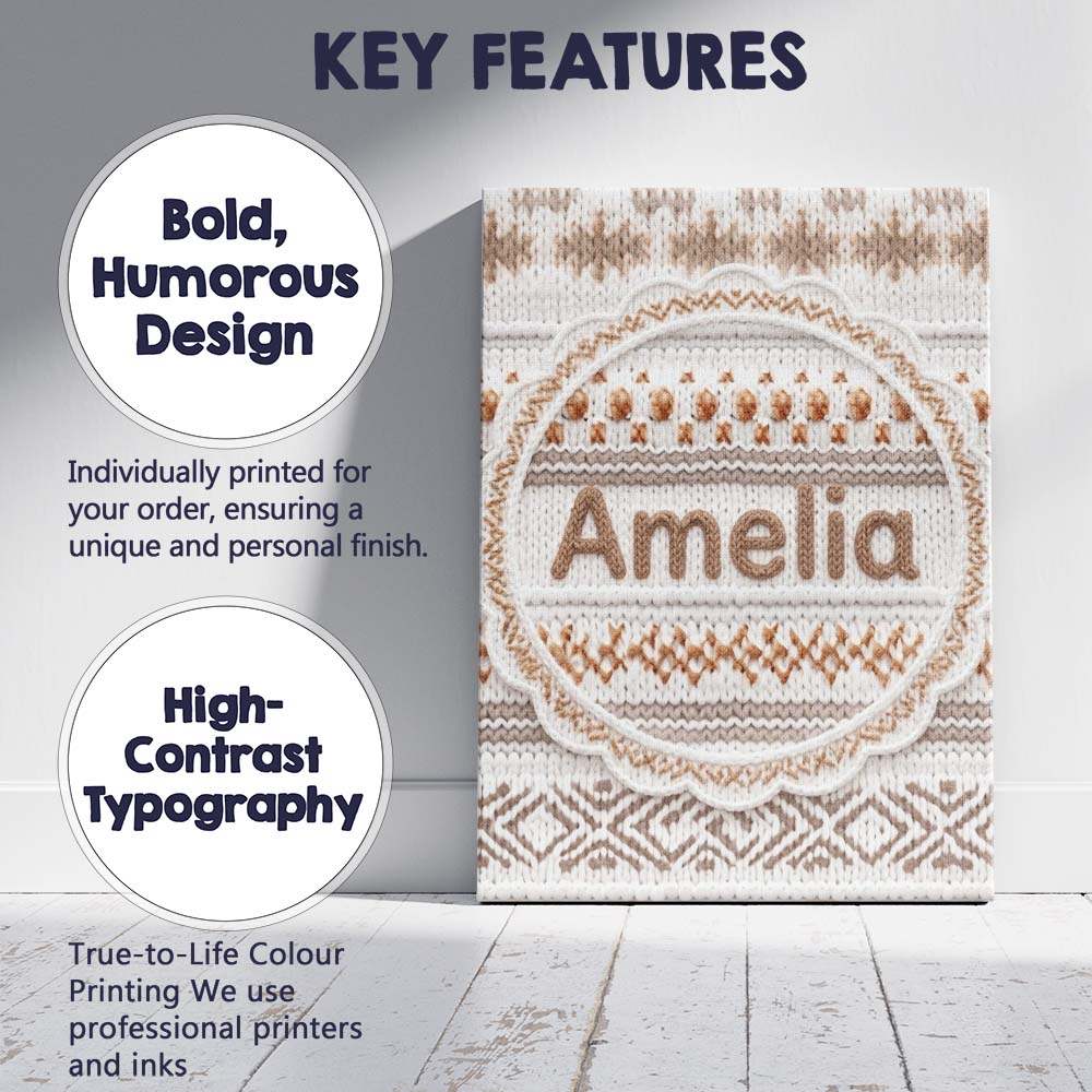 Personalised Name Cute Knitted Nordic Custom Modern Room Accent Creative Decorator Style Canvas Wall Art Print Decor Picture Ready to Hang