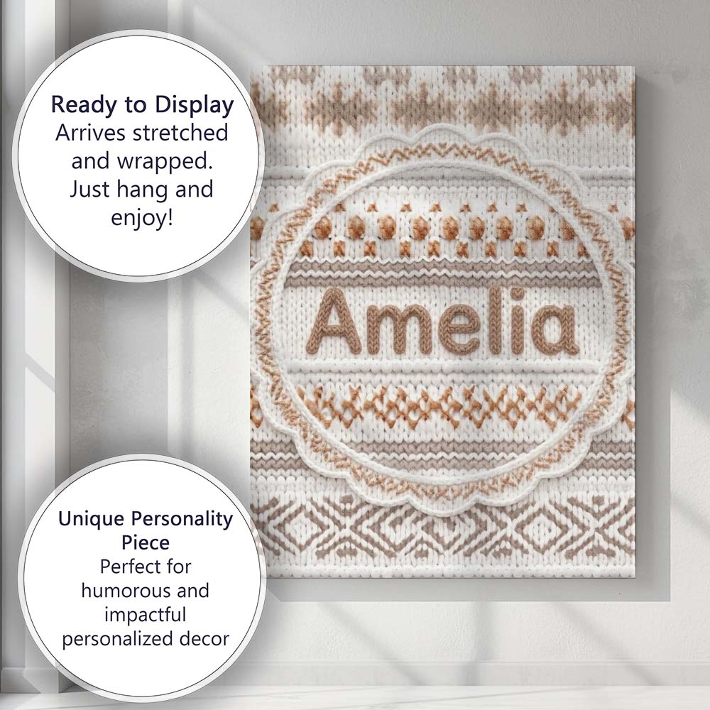 Personalised Name Cute Knitted Nordic Custom Modern Room Accent Creative Decorator Style Canvas Wall Art Print Decor Picture Ready to Hang