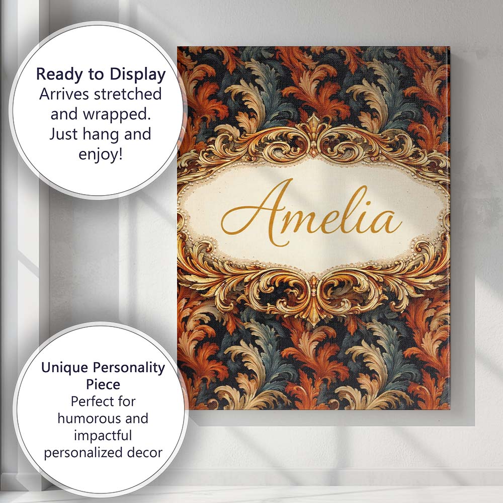Personalised Name Orange Gold Baroque Floral Dark Background Luxury Custom Canvas Wall Art Print Decor Picture Ready to Hang