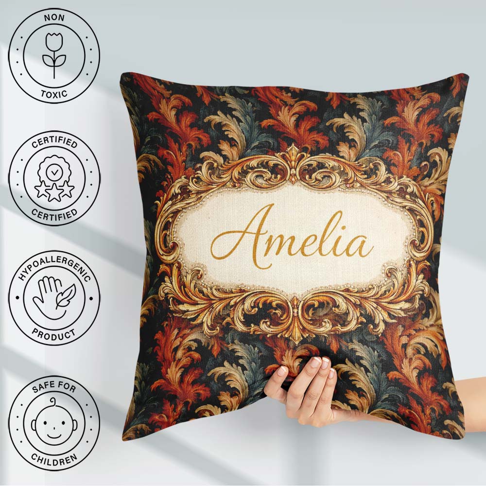 Custom Name Orange Gold Floral Dark Background Luxury Ornamental Square Filled Cushion Throw Pillow Sofa Bed Home Decor Zip Washable UK Made
