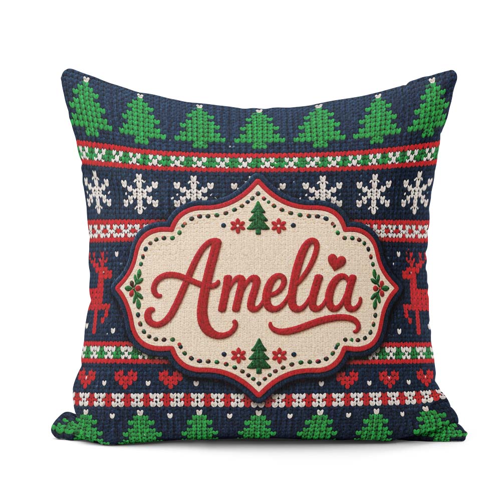 Custom Name Cute Knitted Reindeer Nordic Winter Seamless Pattern Square Filled Cushion Throw Pillow Sofa Bed Home Decor Zip Washable UK Made