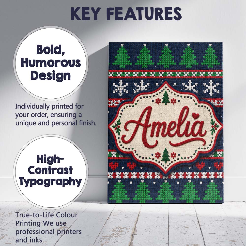 Personalised Name Cute Knitted Reindeer Custom Modern Room Accent Elegant Feature Canvas Wall Art Print Decor Picture Ready to Hang