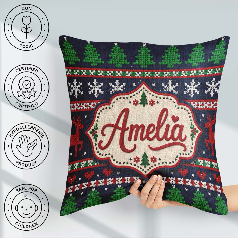 Custom Name Cute Knitted Reindeer Nordic Winter Seamless Pattern Square Filled Cushion Throw Pillow Sofa Bed Home Decor Zip Washable UK Made