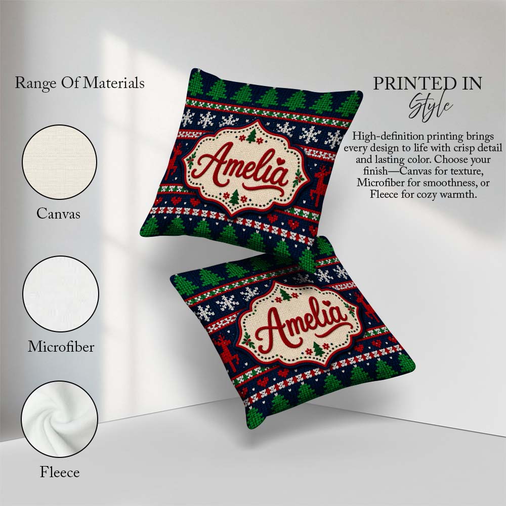 Custom Name Cute Knitted Reindeer Nordic Winter Seamless Pattern Square Filled Cushion Throw Pillow Sofa Bed Home Decor Zip Washable UK Made