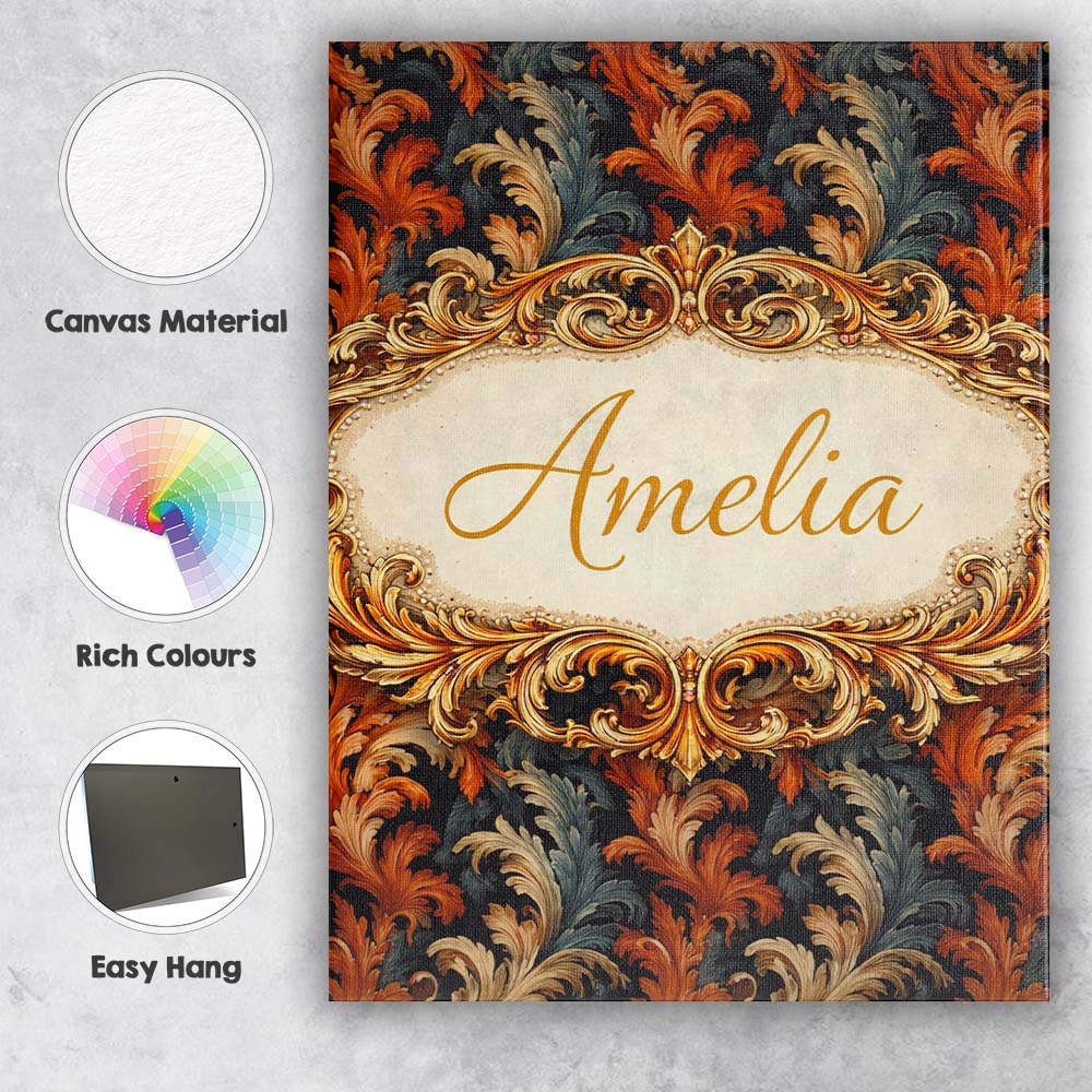 Personalised Name Orange Gold Baroque Floral Dark Background Luxury Custom Canvas Wall Art Print Decor Picture Ready to Hang