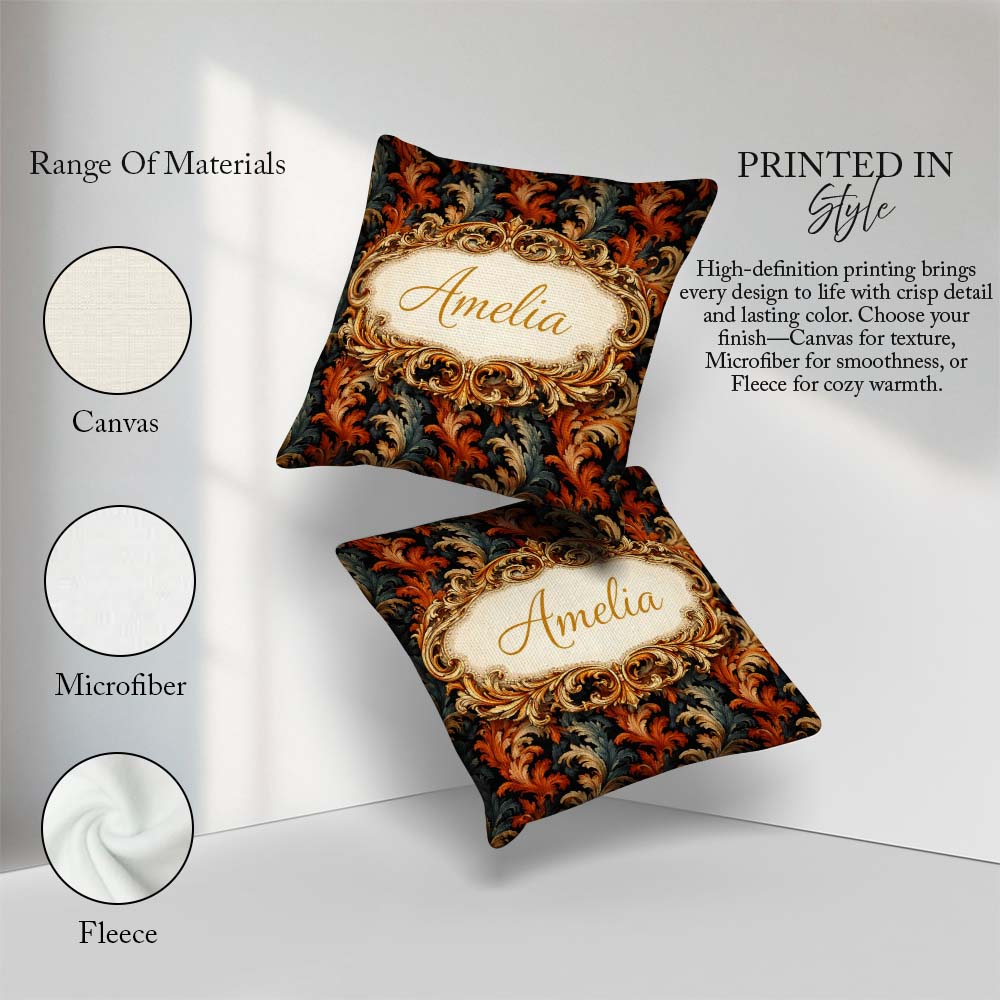 Custom Name Orange Gold Floral Dark Background Luxury Ornamental Square Filled Cushion Throw Pillow Sofa Bed Home Decor Zip Washable UK Made