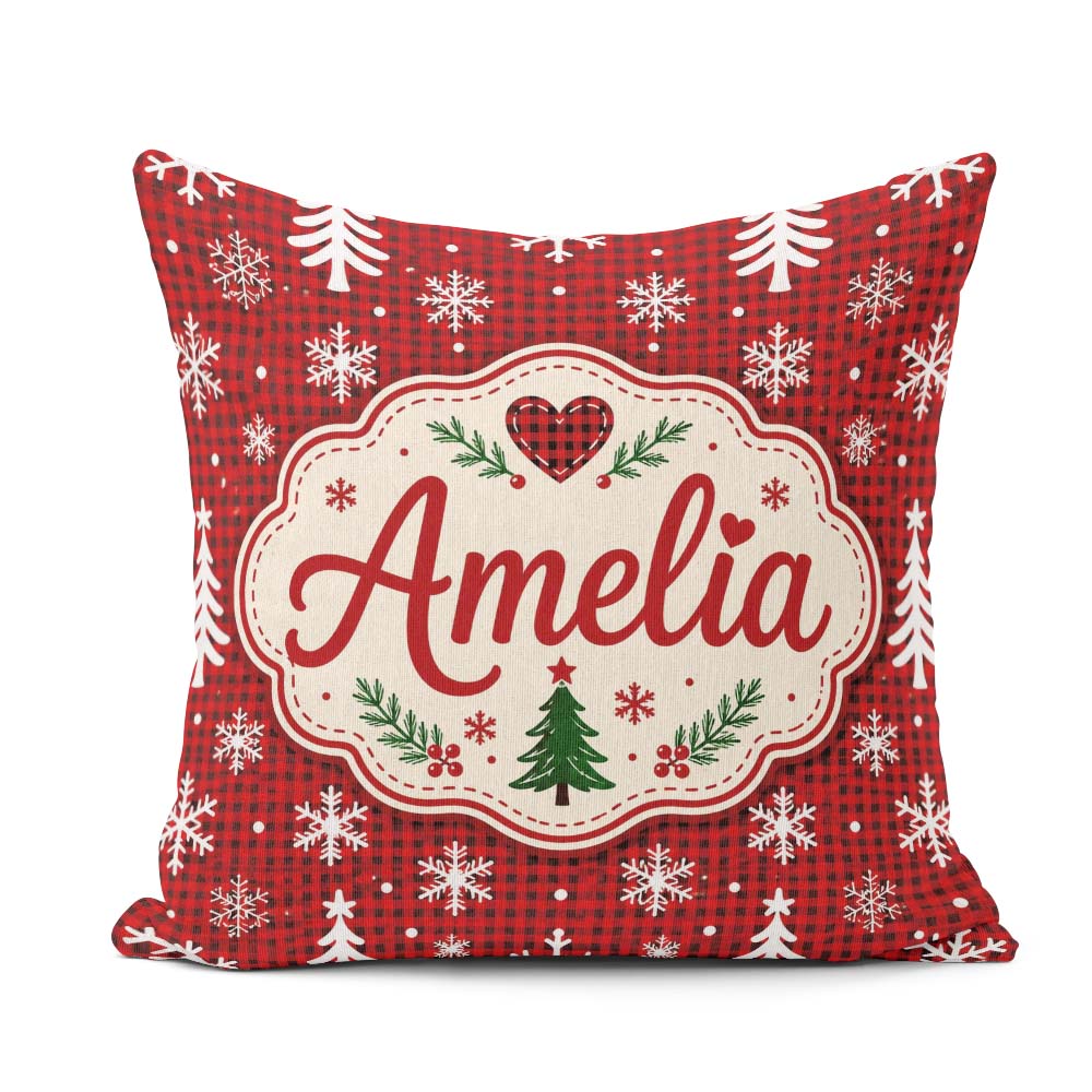 Custom Name Red Nordic Snowflake Christmas Tree Festive Seamless Square Filled Cushion Throw Pillow Sofa Bed Home Decor Zip Washable UK Made