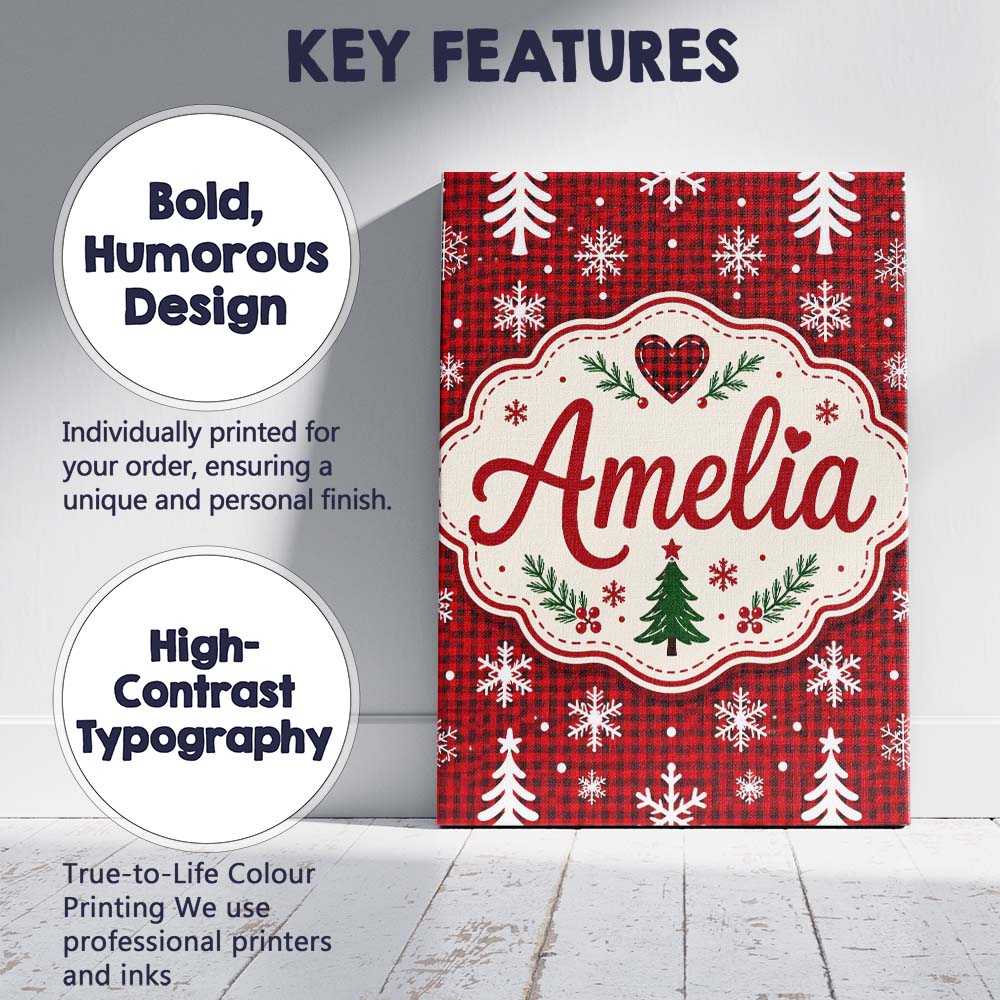 Personalised Name Cute Red Nordic Snowflake Custom Bespoke Interior Contemporary Canvas Wall Art Print Decor Picture Ready to Hang