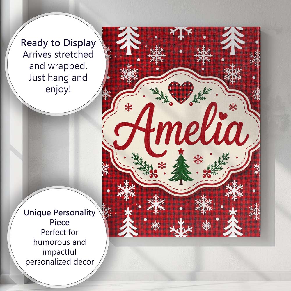 Personalised Name Cute Red Nordic Snowflake Custom Bespoke Interior Contemporary Canvas Wall Art Print Decor Picture Ready to Hang