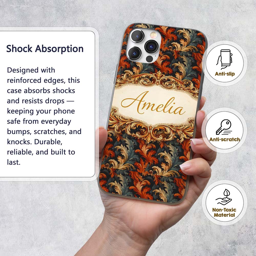 Orange Gold Baroque Floral Dark Background Luxury Custom Name Protective Phone Case Mobile Cover Durable Everyday Smartphone Shock Resistant