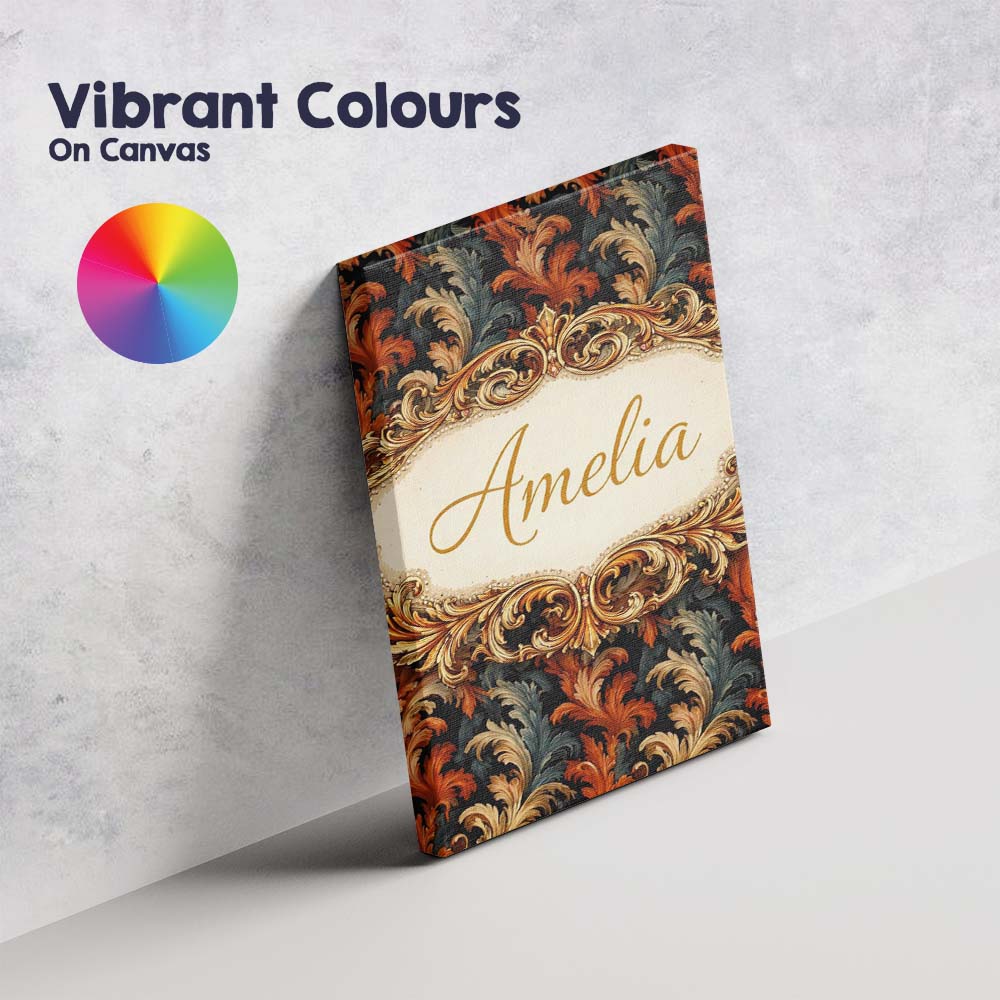 Personalised Name Orange Gold Baroque Floral Dark Background Luxury Custom Canvas Wall Art Print Decor Picture Ready to Hang