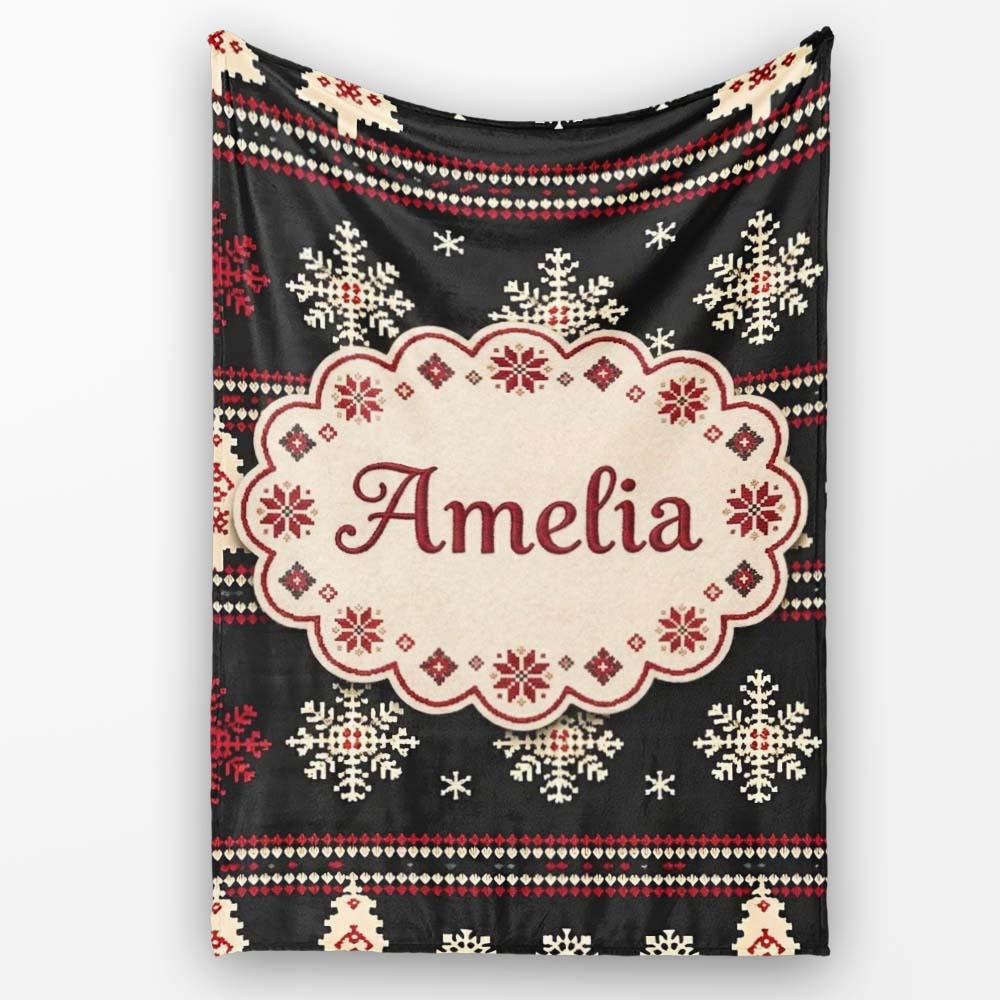Cute Nordic Snowflake Christmas Tree Pattern Winter Seamless Pattern Personalised Custom Name Super Soft Fleece Blanket Bed Sofa Throw