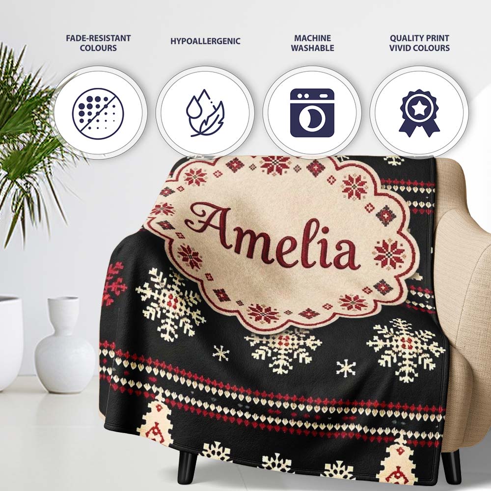 Cute Nordic Snowflake Christmas Tree Pattern Winter Seamless Pattern Personalised Custom Name Super Soft Fleece Blanket Bed Sofa Throw