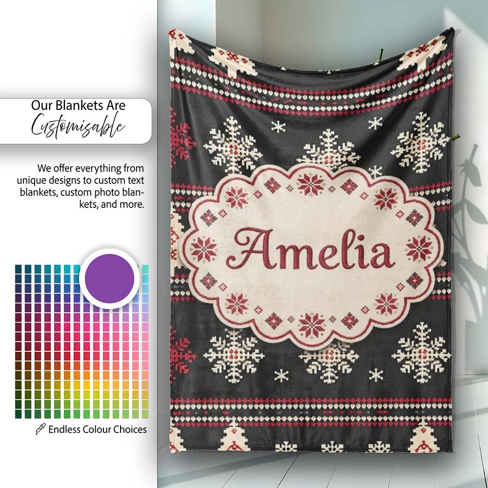 Cute Nordic Snowflake Christmas Tree Pattern Winter Seamless Pattern Personalised Custom Name Super Soft Fleece Blanket Bed Sofa Throw