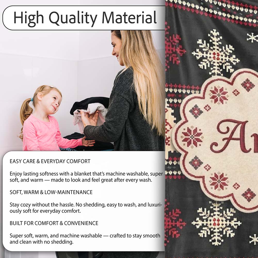 Cute Nordic Snowflake Christmas Tree Pattern Winter Seamless Pattern Personalised Custom Name Super Soft Fleece Blanket Bed Sofa Throw
