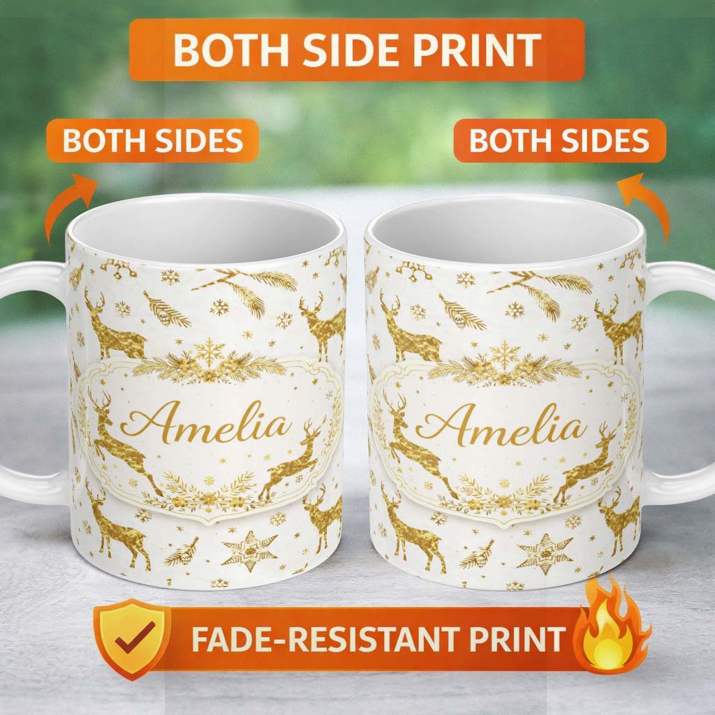 Personalized Custom Name Gold Reindeer Snowflake Christmas Pattern Luxury Festive Seamless 11oz Ceramic Coffee Tea Mug White Large Handle