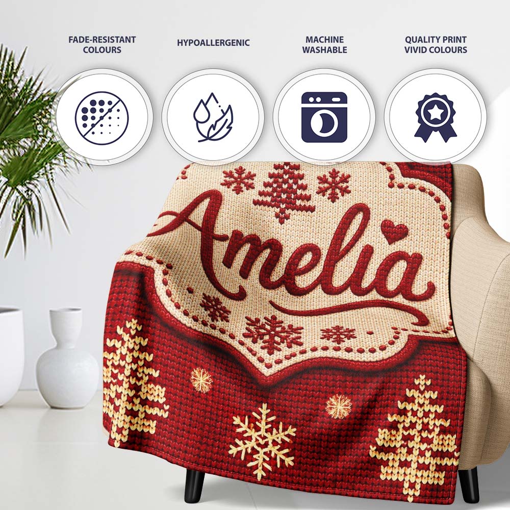 Cute Red Knitted Christmas Tree Snowflake Nordic Seamless Pattern Personalised Custom Name Super Soft Fleece Blanket Bed Sofa Throw