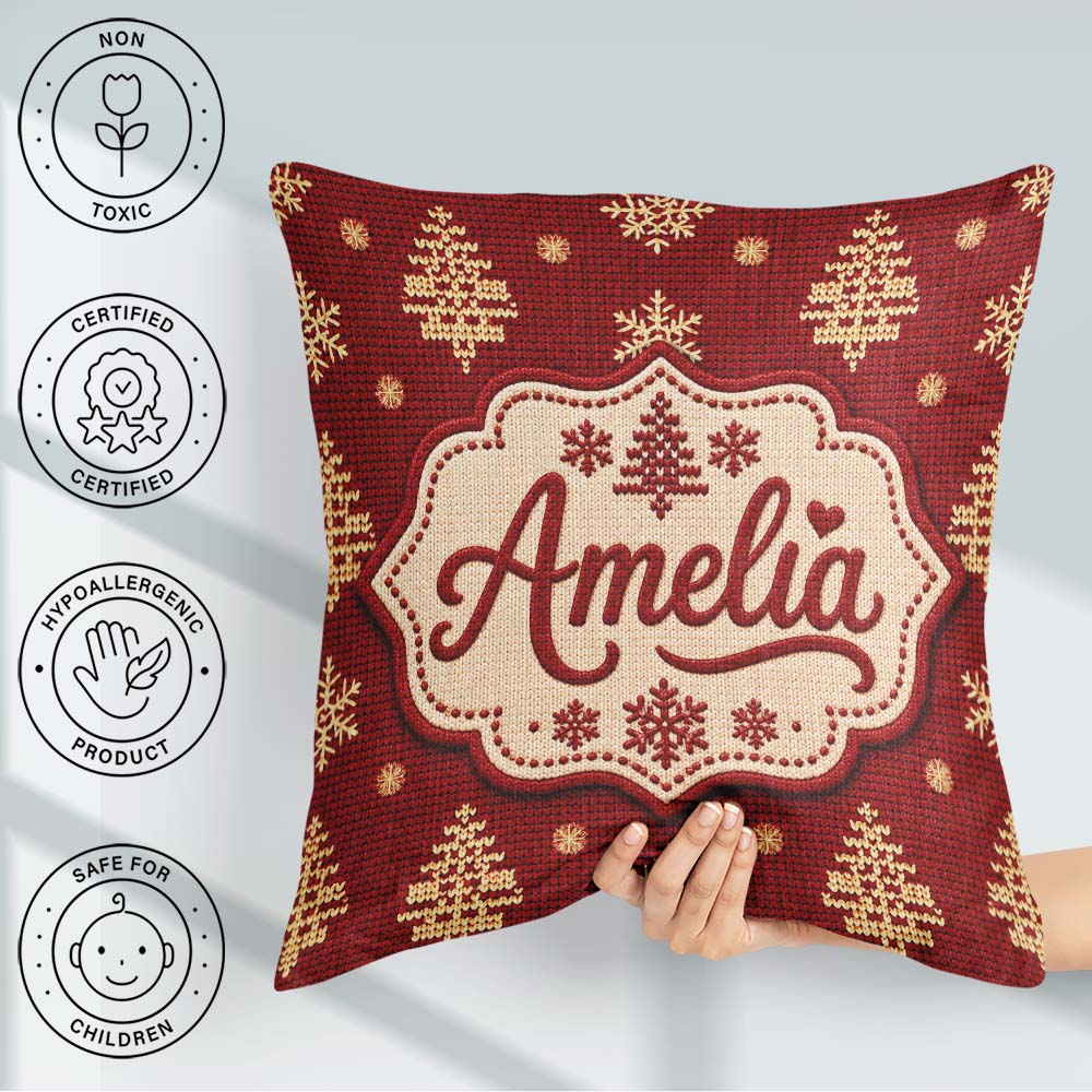 Custom Name Red Knitted Christmas Tree Snowflake Nordic Seamless Square Filled Cushion Throw Pillow Sofa Bed Home Decor Zip Washable UK Made