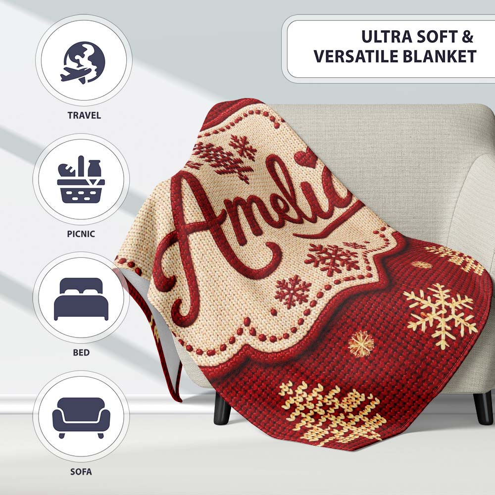 Cute Red Knitted Christmas Tree Snowflake Nordic Seamless Pattern Personalised Custom Name Super Soft Fleece Blanket Bed Sofa Throw
