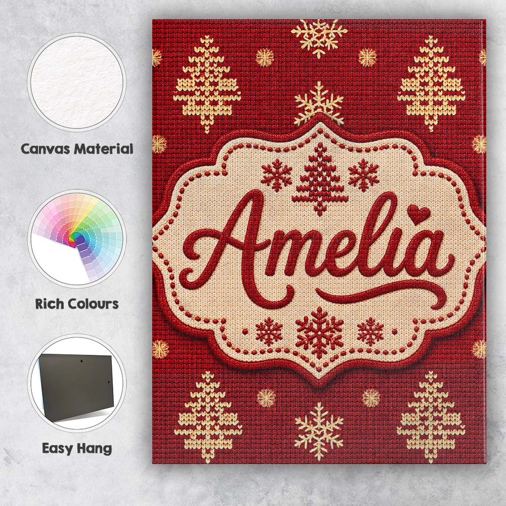 Personalised Name Cute Red Knitted Christmas Custom Bespoke Contemporary Display Canvas Wall Art Print Decor Picture Ready to Hang