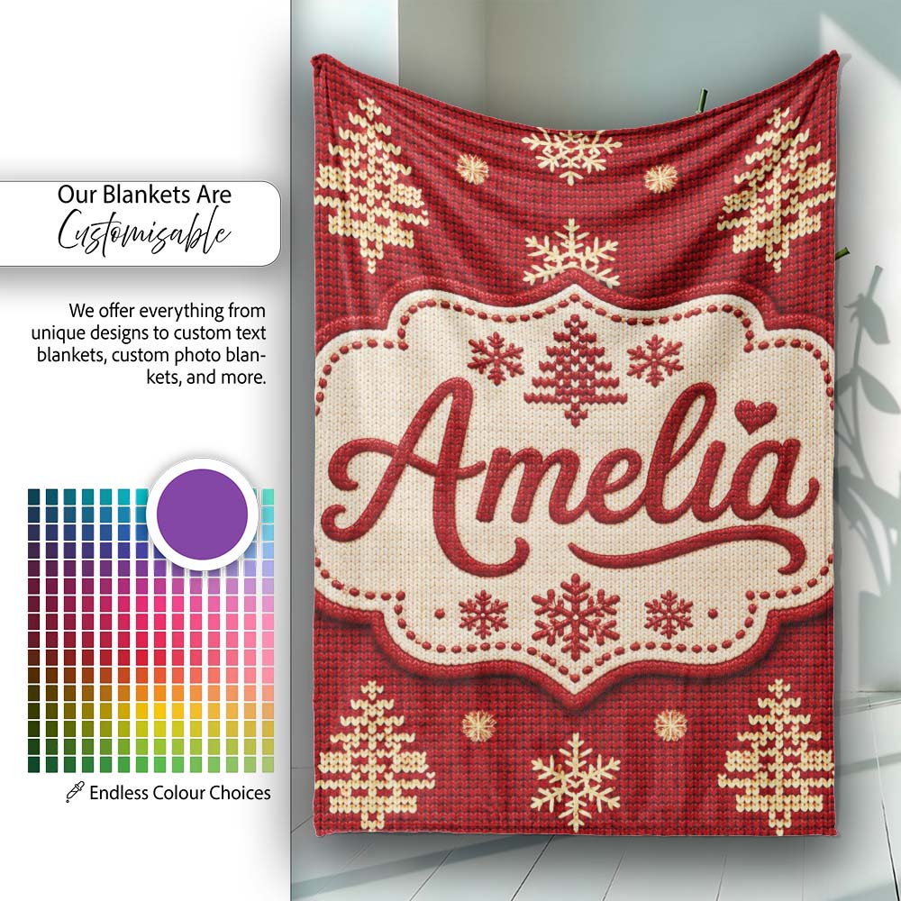 Cute Red Knitted Christmas Tree Snowflake Nordic Seamless Pattern Personalised Custom Name Super Soft Fleece Blanket Bed Sofa Throw