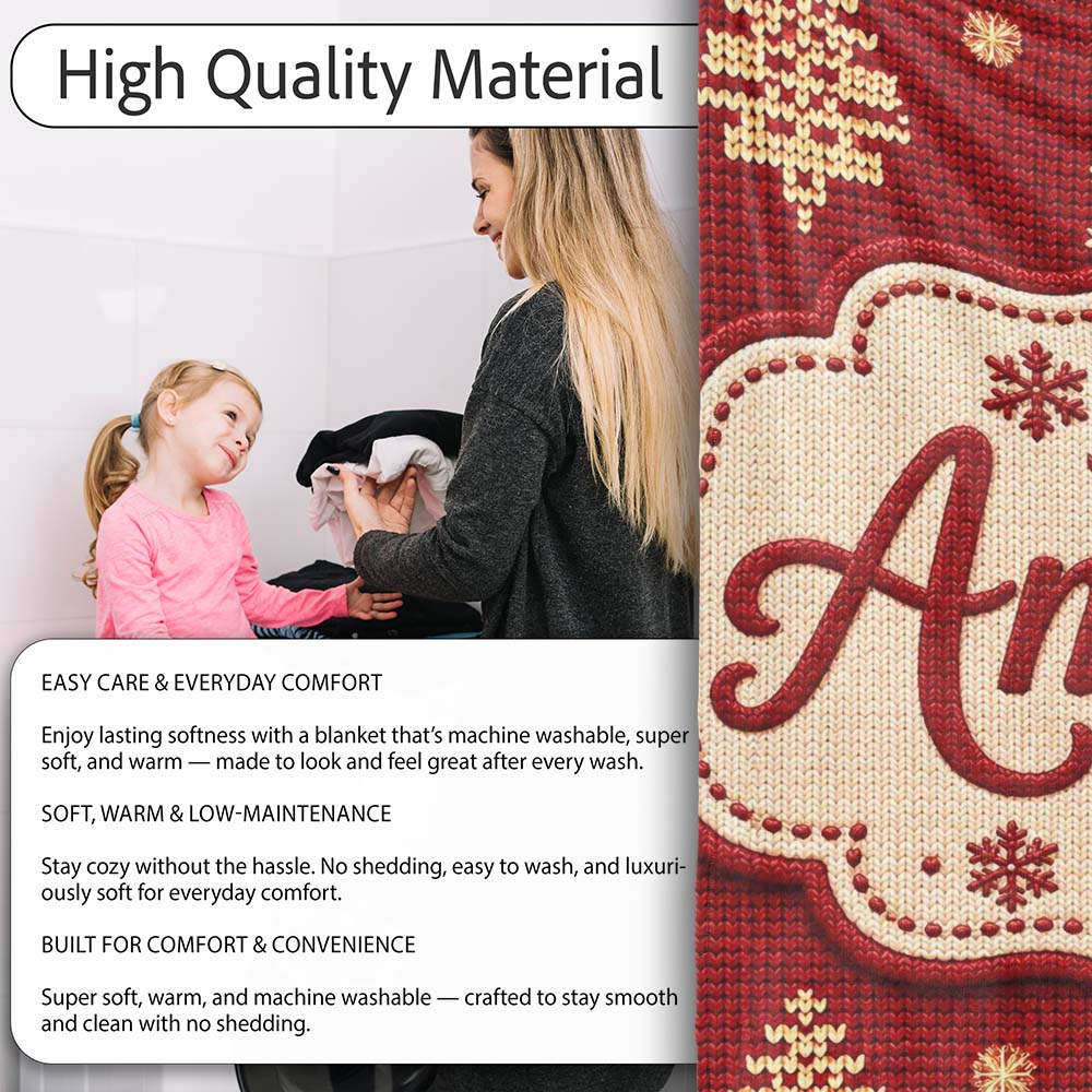 Cute Red Knitted Christmas Tree Snowflake Nordic Seamless Pattern Personalised Custom Name Super Soft Fleece Blanket Bed Sofa Throw