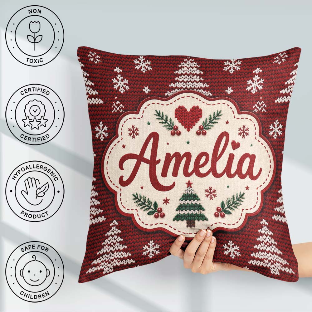 Custom Name Red Knitted Christmas Tree Snowflake Nordic Seamless Square Filled Cushion Throw Pillow Sofa Bed Home Decor Zip Washable UK Made