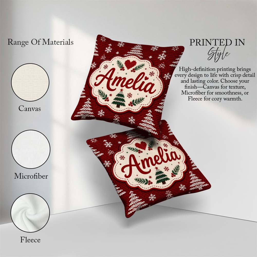Custom Name Red Knitted Christmas Tree Snowflake Nordic Seamless Square Filled Cushion Throw Pillow Sofa Bed Home Decor Zip Washable UK Made