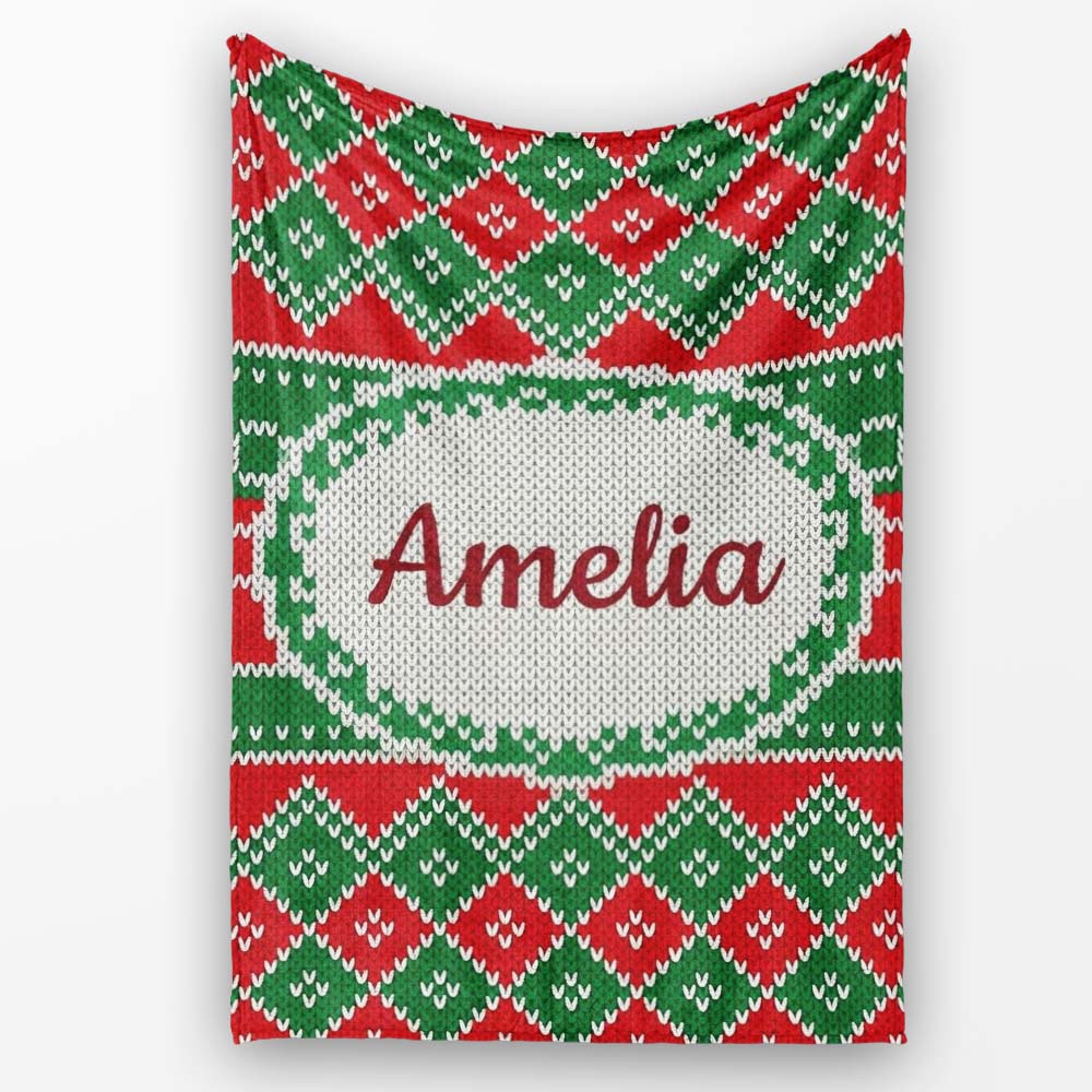 Cute Green Red Knitted Gift Box Nordic Christmas Seamless Pattern Personalised Custom Name Super Soft Fleece Blanket Bed Sofa Throw