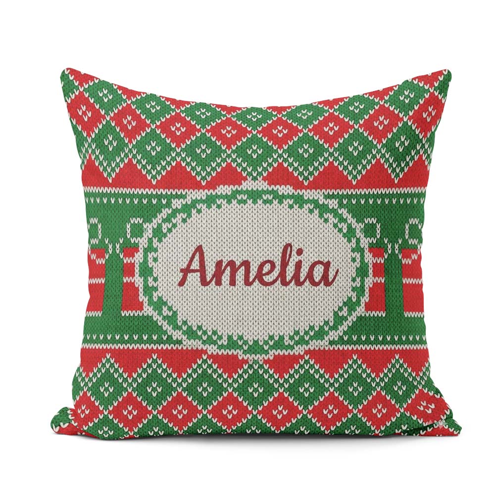 Custom Name Cute Green Red Knitted Box Nordic Christmas Seamless Square Filled Cushion Throw Pillow Sofa Bed Home Decor Zip Washable UK Made