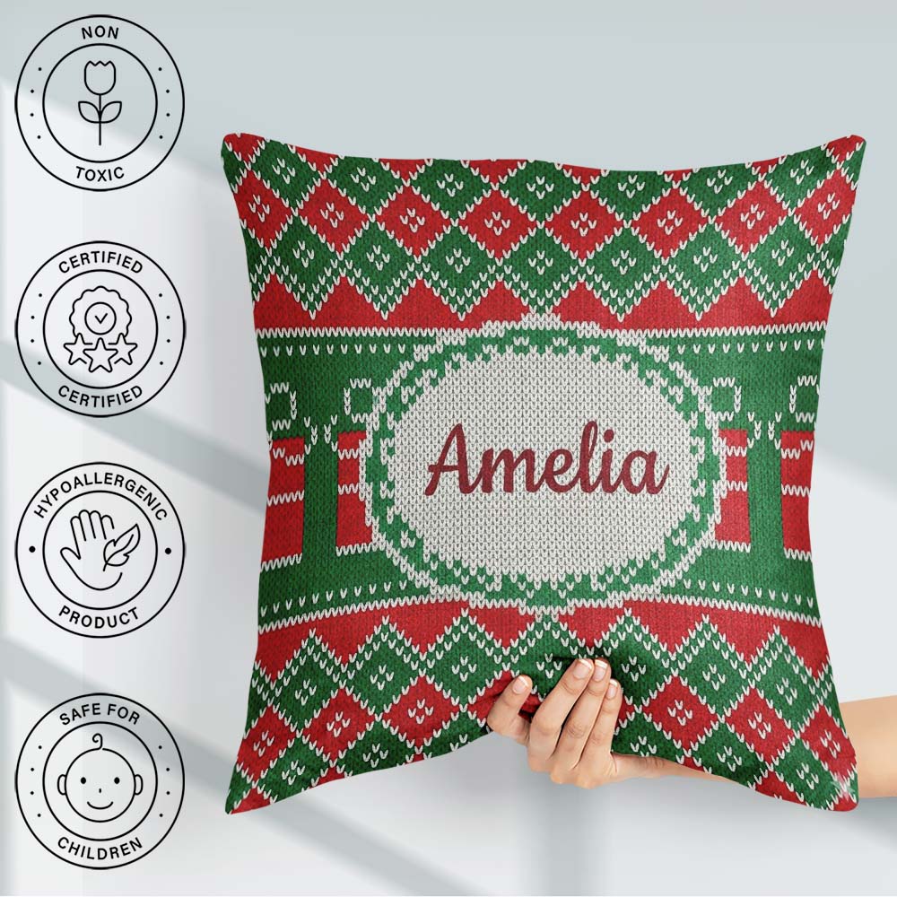 Custom Name Cute Green Red Knitted Box Nordic Christmas Seamless Square Filled Cushion Throw Pillow Sofa Bed Home Decor Zip Washable UK Made