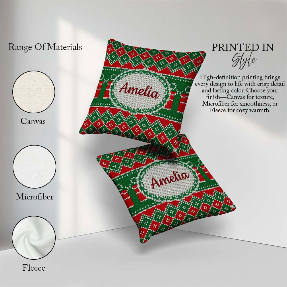 Custom Name Cute Green Red Knitted Box Nordic Christmas Seamless Square Filled Cushion Throw Pillow Sofa Bed Home Decor Zip Washable UK Made