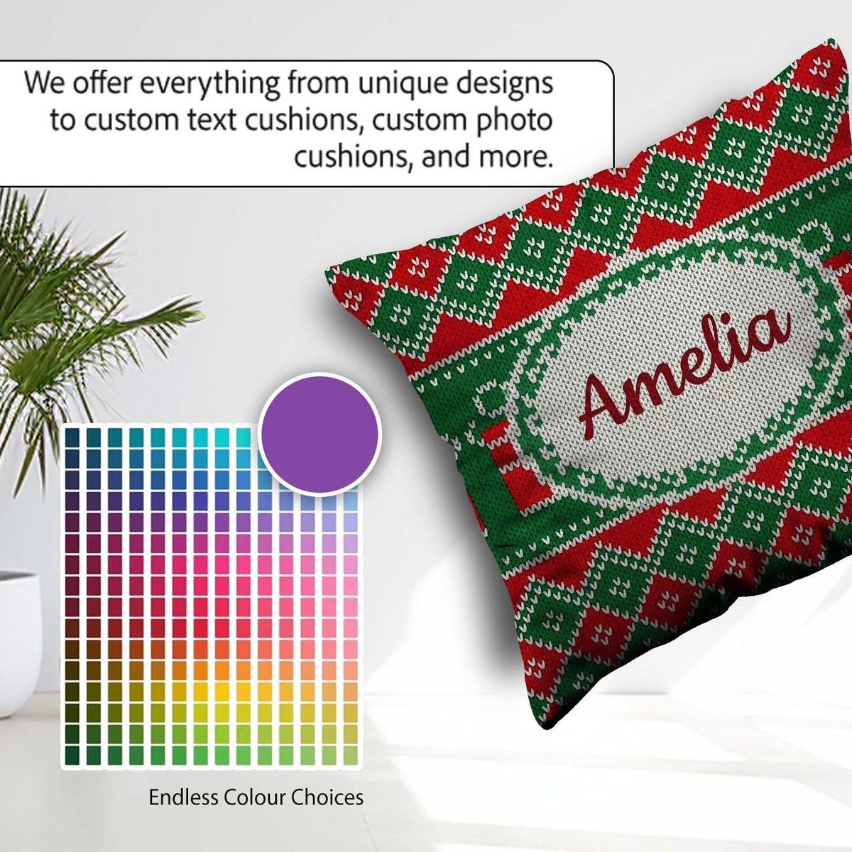 Custom Name Cute Green Red Knitted Box Nordic Christmas Seamless Square Filled Cushion Throw Pillow Sofa Bed Home Decor Zip Washable UK Made