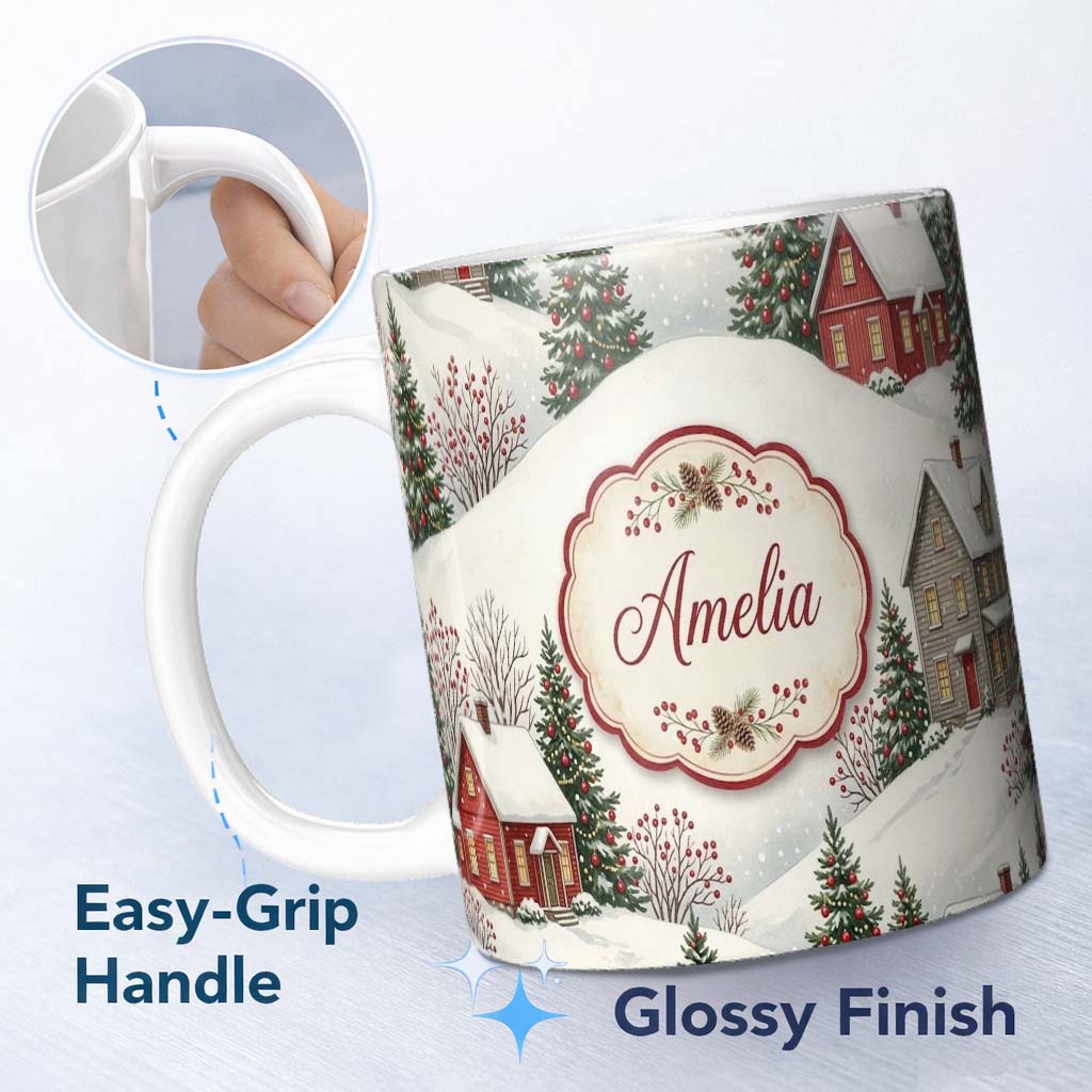 Personalized Custom Name Snowy Christmas Village Houses Winter Scene Seamless Pattern Lovely 11oz Ceramic Coffee Tea Mug White Large Handle