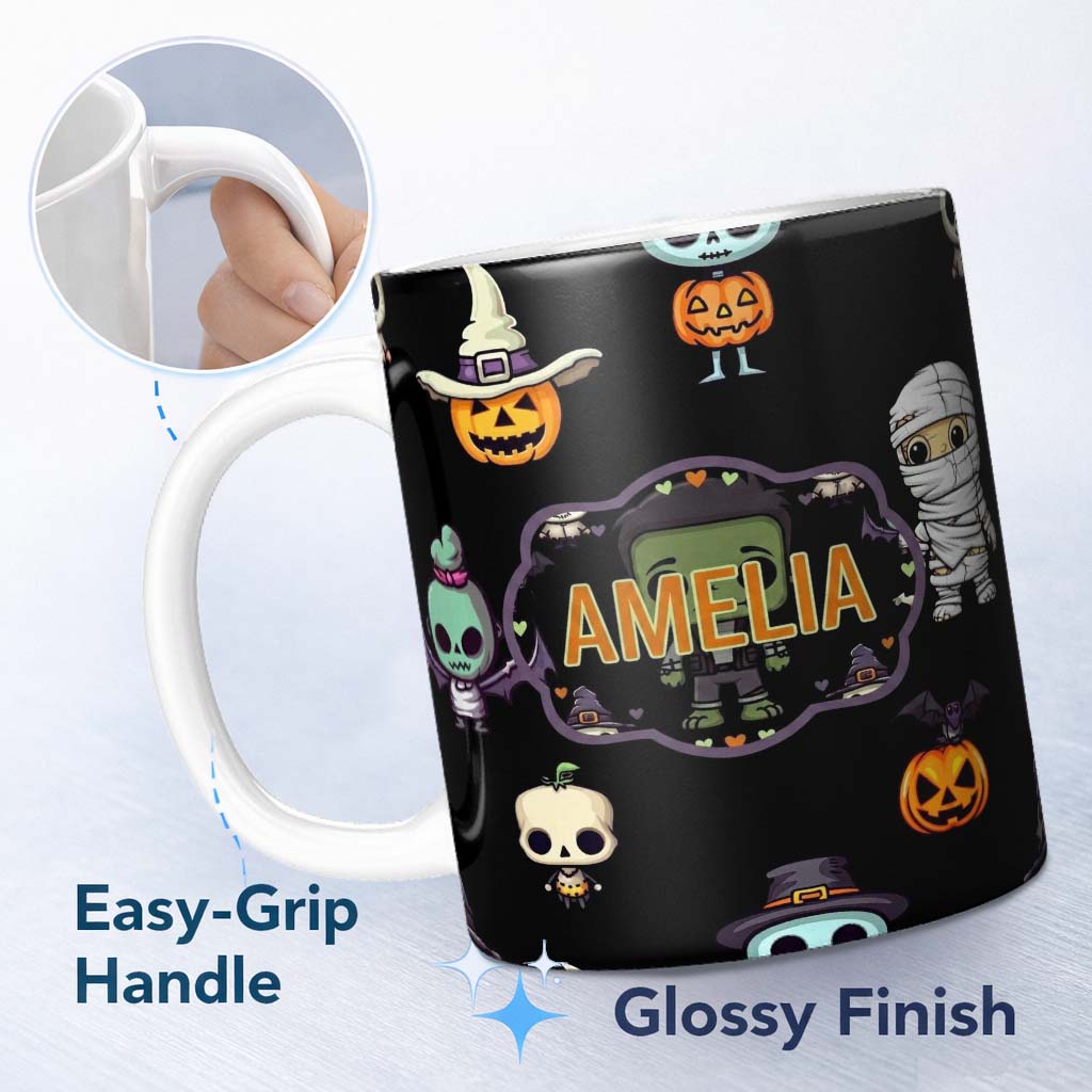 Personalized Custom Name Cute Halloween Characters Pumpkin Skull Mummy Seamless Pattern White 11oz Ceramic Coffee Tea Mug White Large Handle