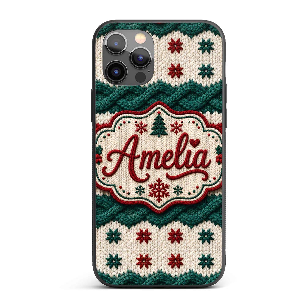 Cute Festive Knitted Texture Red Green White Cozy Custom Name Protective Phone Case Mobile Cover Durable Everyday Smartphone Shock Resistant