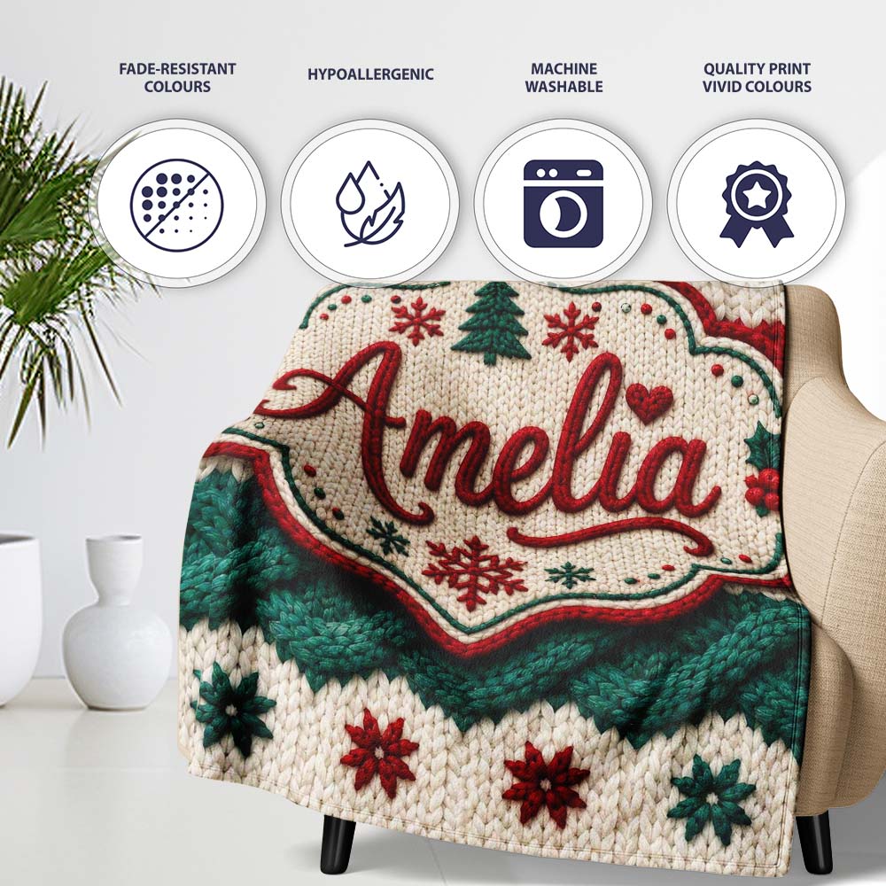 Cute Festive Knitted Texture Red Green White Cozy Seamless Pattern Personalised Custom Name Super Soft Fleece Blanket Bed Sofa Throw