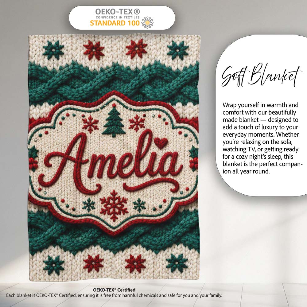 Cute Festive Knitted Texture Red Green White Cozy Seamless Pattern Personalised Custom Name Super Soft Fleece Blanket Bed Sofa Throw