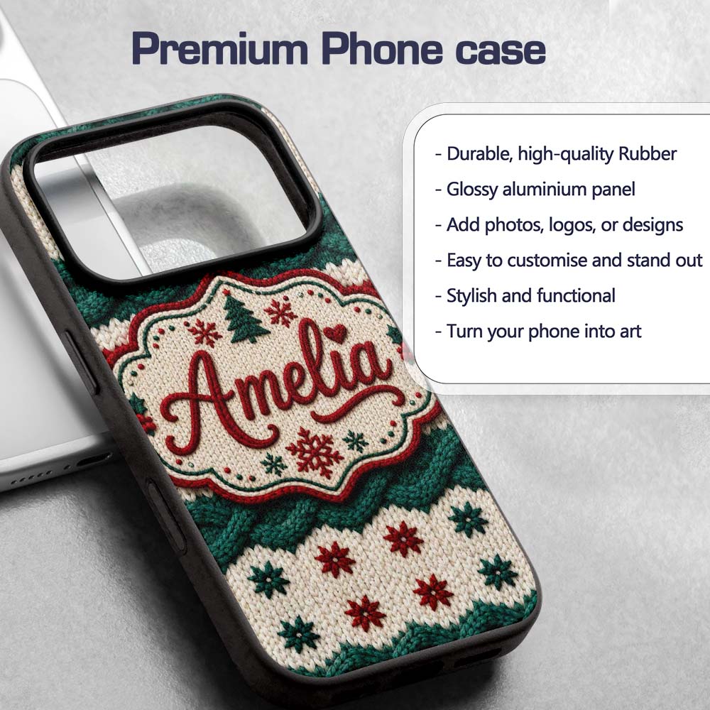 Cute Festive Knitted Texture Red Green White Cozy Custom Name Protective Phone Case Mobile Cover Durable Everyday Smartphone Shock Resistant
