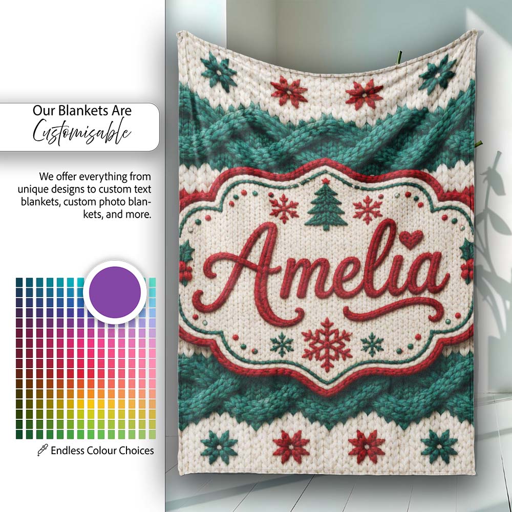 Cute Festive Knitted Texture Red Green White Cozy Seamless Pattern Personalised Custom Name Super Soft Fleece Blanket Bed Sofa Throw