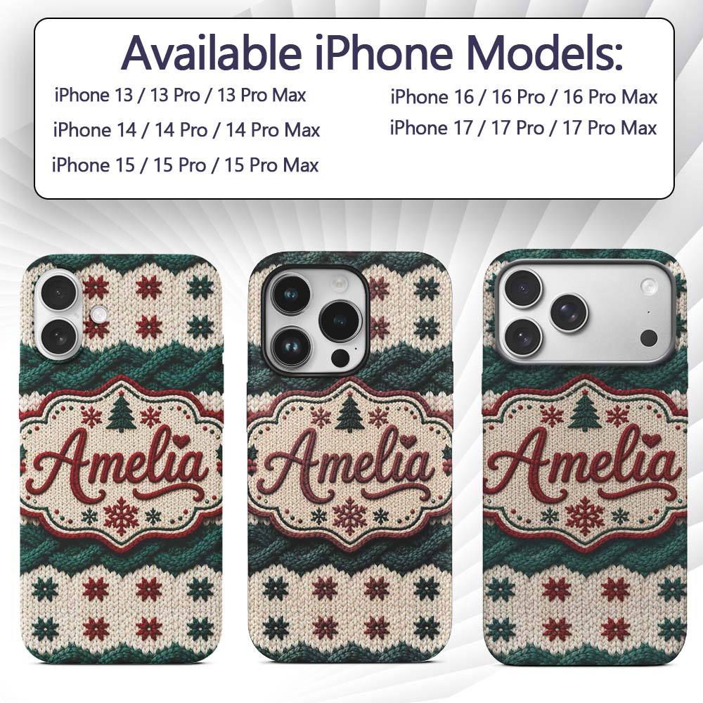 Cute Festive Knitted Texture Red Green White Cozy Custom Name Protective Phone Case Mobile Cover Durable Everyday Smartphone Shock Resistant