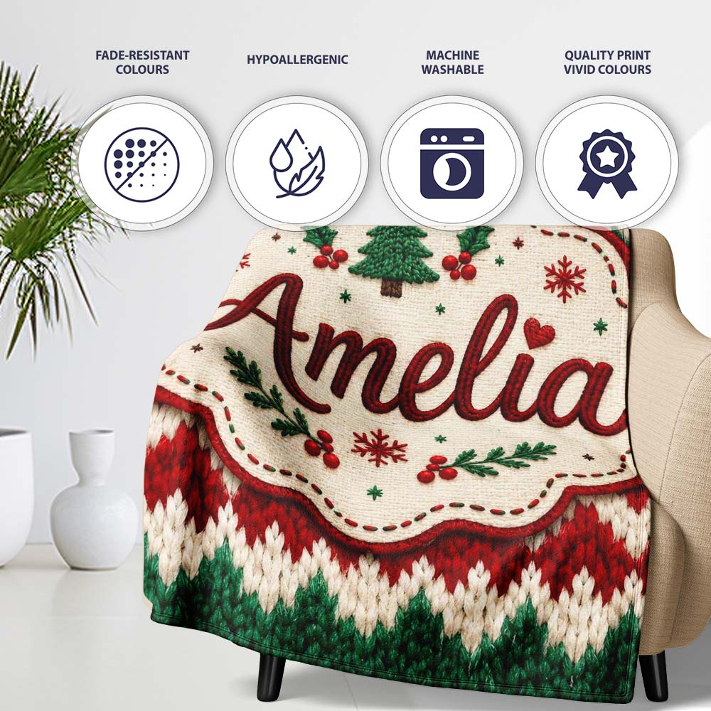 Cute Handmade Wool Knit Red Green White Cozy Seamless Pattern Lovely Personalised Custom Name Super Soft Fleece Blanket Bed Sofa Throw