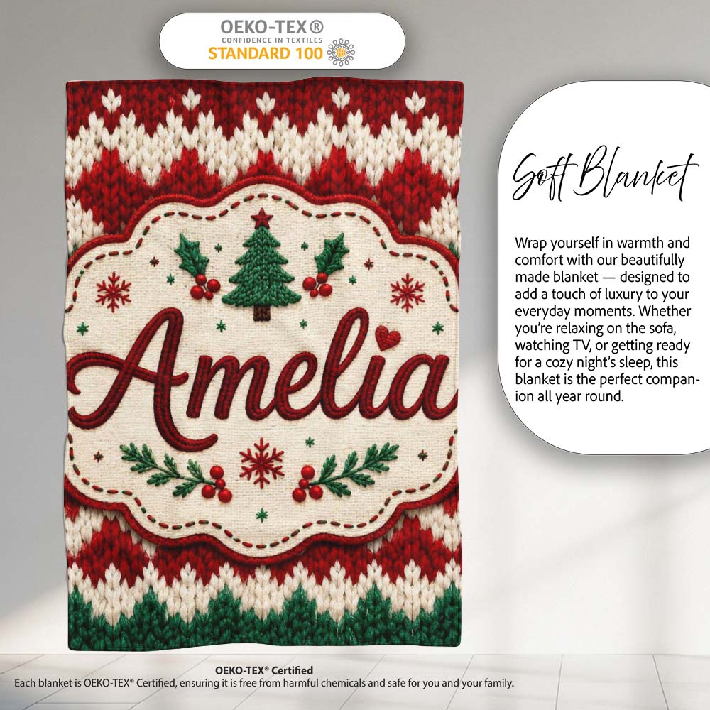 Cute Handmade Wool Knit Red Green White Cozy Seamless Pattern Lovely Personalised Custom Name Super Soft Fleece Blanket Bed Sofa Throw