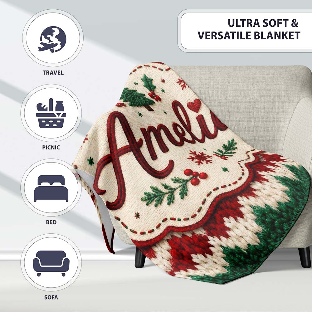 Cute Handmade Wool Knit Red Green White Cozy Seamless Pattern Lovely Personalised Custom Name Super Soft Fleece Blanket Bed Sofa Throw