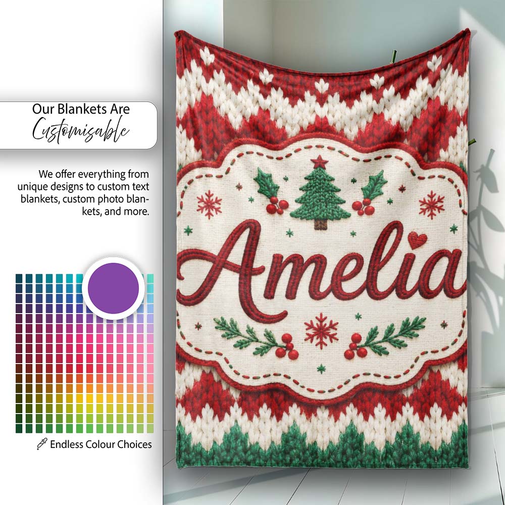 Cute Handmade Wool Knit Red Green White Cozy Seamless Pattern Lovely Personalised Custom Name Super Soft Fleece Blanket Bed Sofa Throw